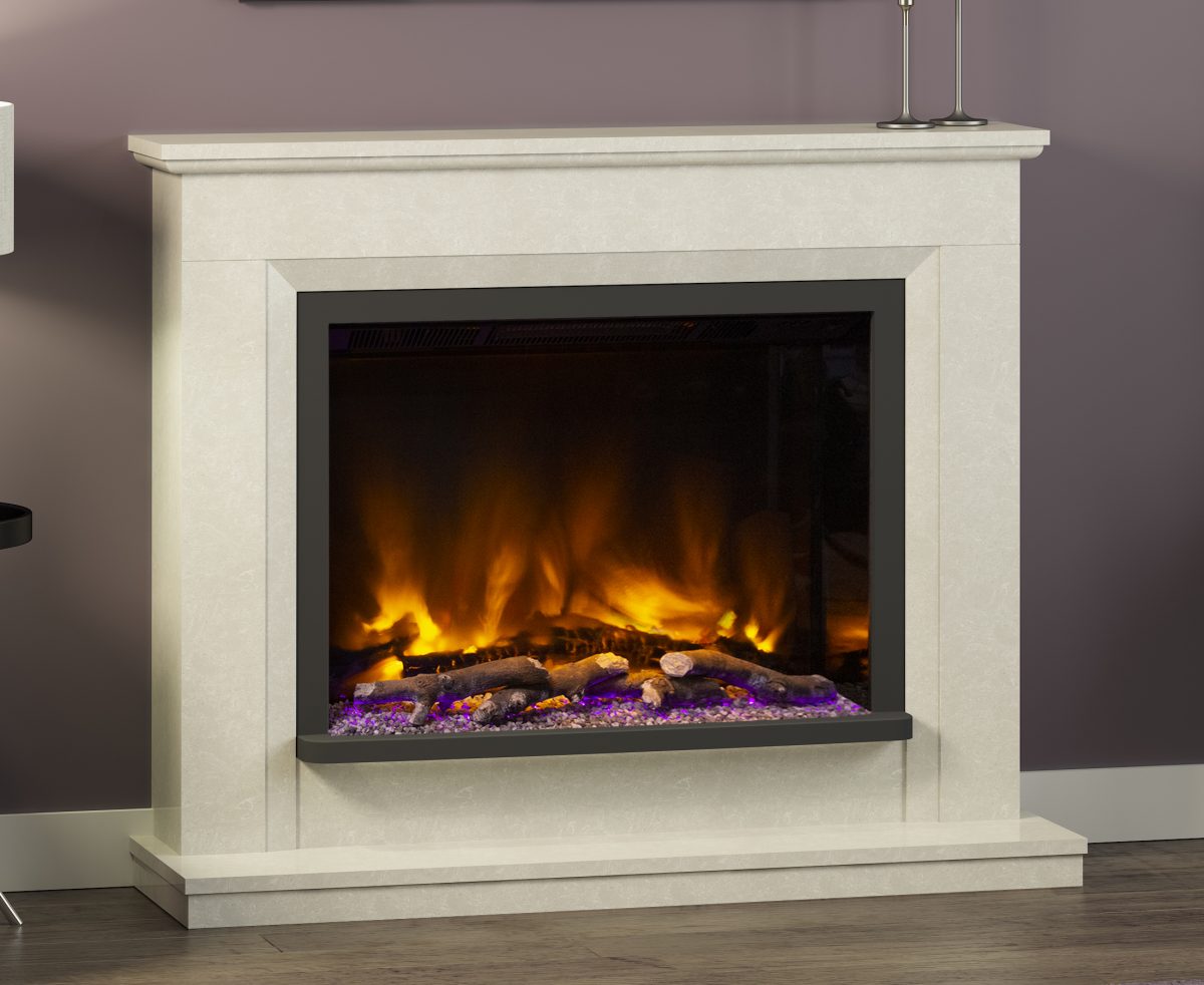 Pryzm 5D Electric Fire with Alesso 48" Floor Standing Manila Micro Marble Suite