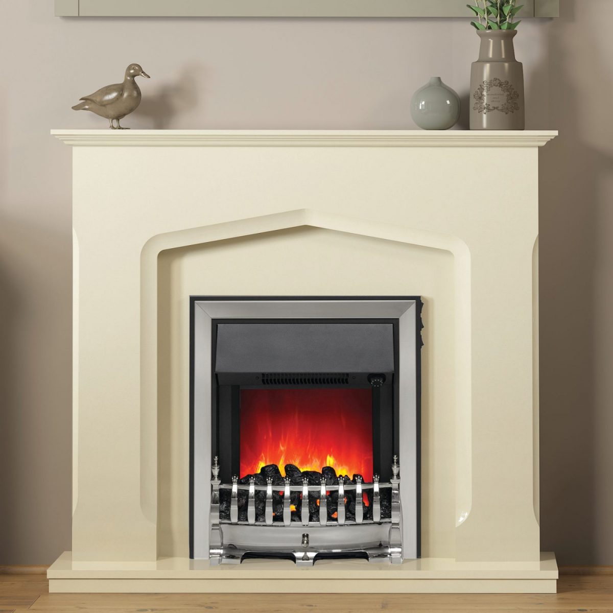 45″ Bramwell fireplace in Marfil marble effect with Electric Brass Finish Fire