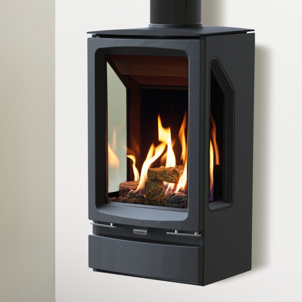 Gazco Vogue Midi T Wall Mounted, 3 Sided, Black Glass Lining, Natural Gas, Balanced Flue Stove