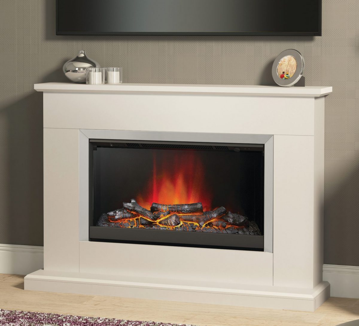 46″ Hansford fireplace in Pearlescent Cashmere painted finish with Brushed Chrome Finished Electric Fire