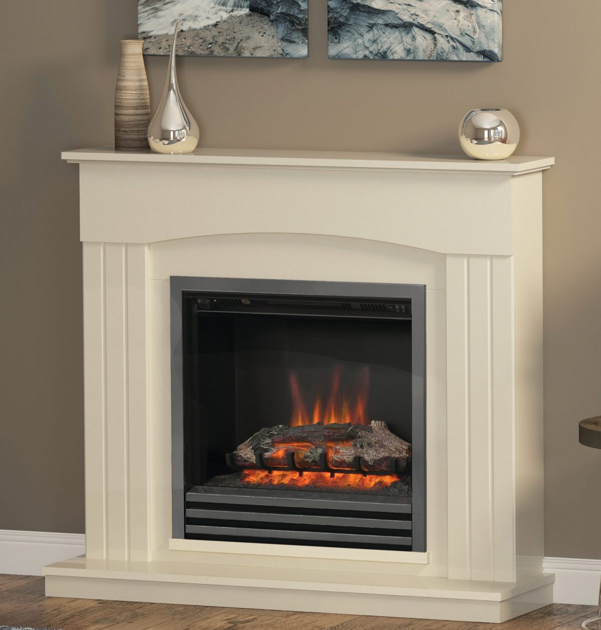 44″ Linmere fireplace in Almond Stone effect with Black Nickel Finish Electric Fire