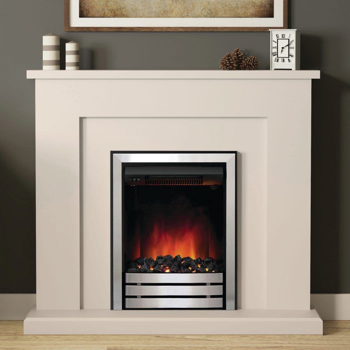 42″ Marden fireplace in Cashmere painted finish with Chrome Finish Electric Fire