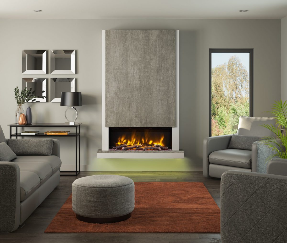 Elgin & Hall Pryzm 5D Electric Fire Camino 53″ Wall Mounted Timber Suite with Mood Lights in Ash White & Vintage Oak Grey