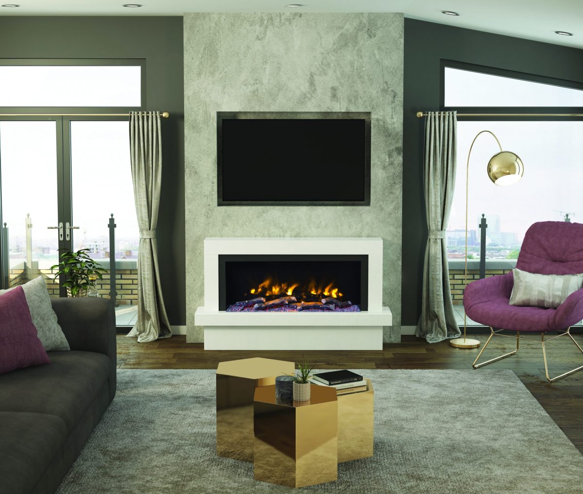 Elgin & Hall Pryzm 5D Electric Fire Impero 57″ Floor Standing White Micro Marble Suite