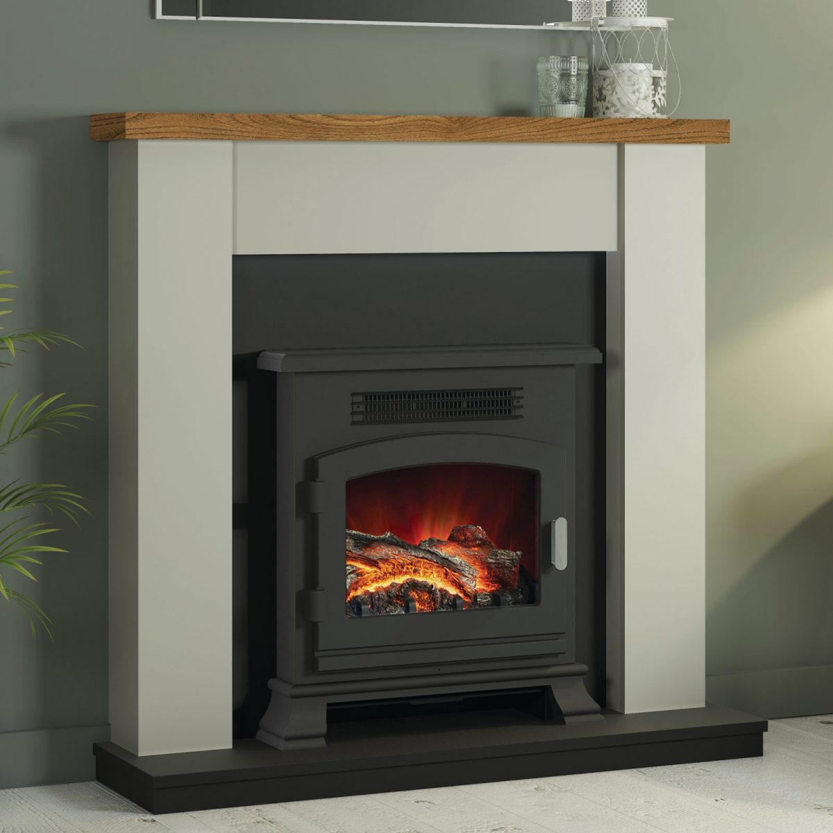 42″ Ravensdale fireplace in Anthracite finish with a Country Oak top and an Anthracite Electric Stove