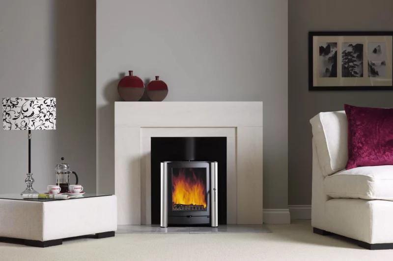 Firebelly FB1 Double Sided Wood Burning Stove in Matt Black with Double Doors and Brushed Stainless Steel Legs