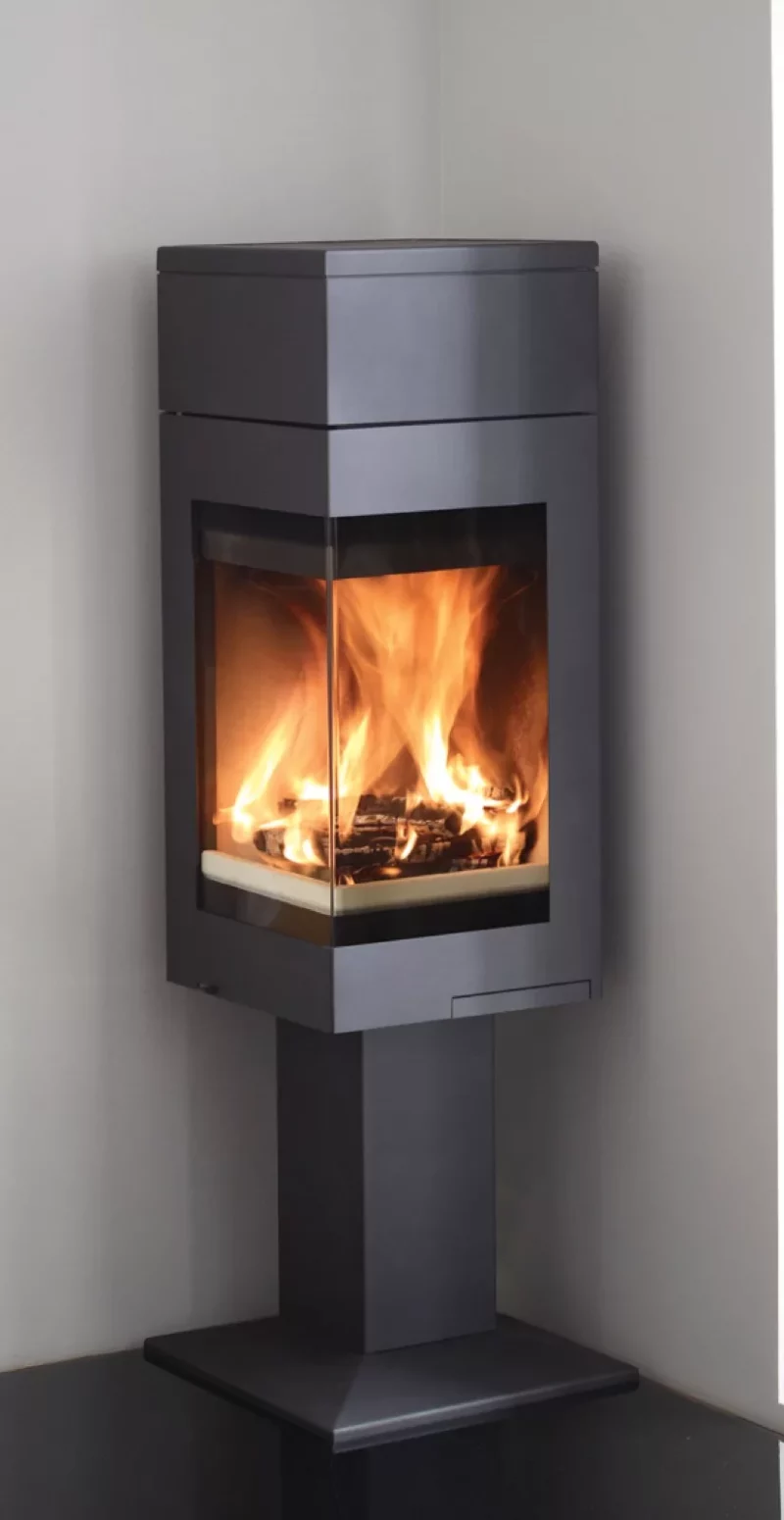 Nordpeis Quadro 1T Wood Burning Stove with Pedestal Base for corner installation