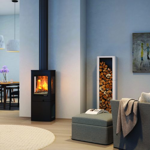 Nordpeis Uno 2 Wood Burning Stove with Log Store Base with clear glass panels